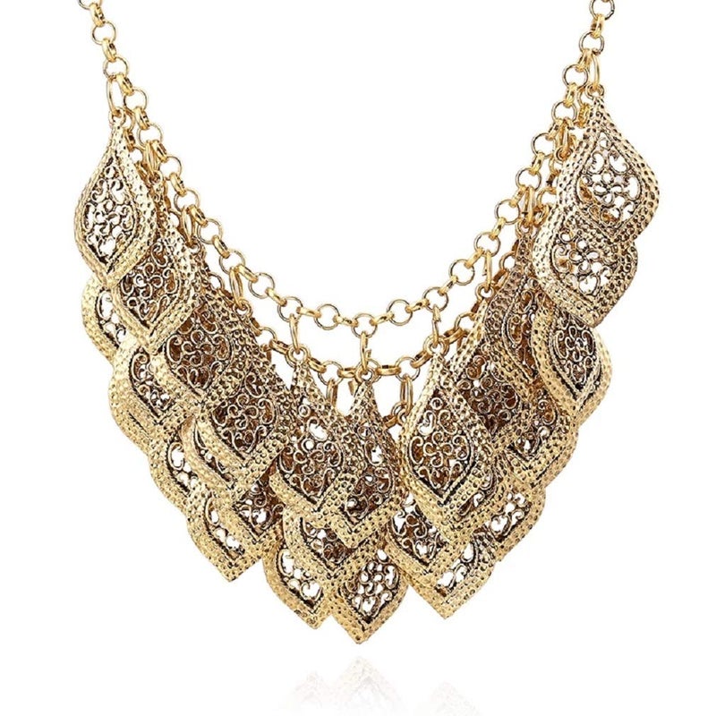 YAZILIND Vintage Gorgeous Multilayer Gold-Silver-Plated Leaves Chain Collar Bib Chunky Necklace (Gold-tone) - Image 1